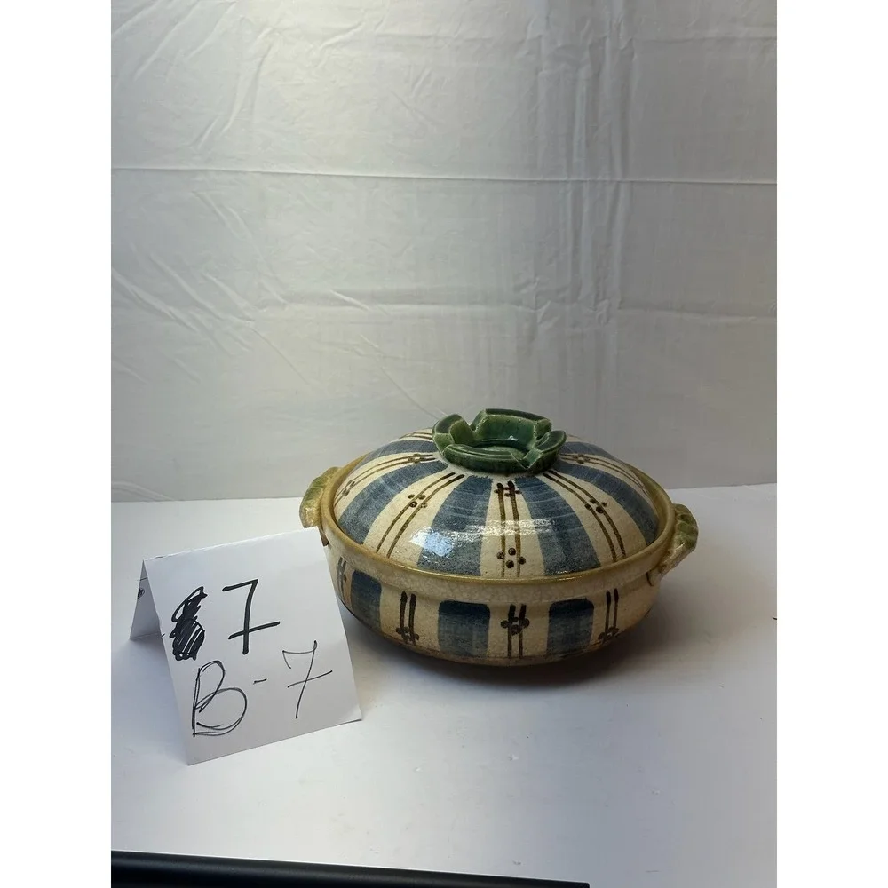 Vintage Japanese Donabe Casserole Pot Blue Striped Earthenware Cookware B-7